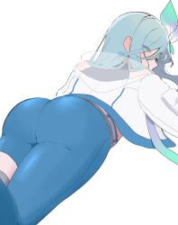 1girl ass ass_focus asymmetrical_pants blue_pants blush cowboy_shot cropped_jacket ear_blush eyes_visible_through_hair from_behind grey_hair hair_between_eyes hair_ribbon highres hinomori_shizuku jacket jacket_partially_removed long_hair looking_at_viewer looking_back lying on_stomach pants project_sekai ribbon see-through_clothes simple_background solo sweat teacrown tight_clothes tight_pants twintails white_background