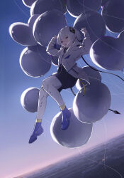 1girl above_clouds absurdres arms_up balloon black_dress blue_eyes blue_shoes bright_pupils cevio chinese_commentary cloud commentary_request diamond_hair_ornament dress full_body grey_hair hair_ornament heart_balloon high_up highres hood hood_down horizon jacket kafu_(cevio) kamitsubaki_studio long_hair long_sleeves looking_at_viewer low-tied_sidelocks midair open_mouth pantyhose riai_kurumi shoes sidelocks sky socks solo teeth upper_teeth_only white_jacket white_pantyhose yellow_pupils yellow_socks