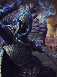 3others ark_nemesis armor arrow_(projectile) bird blue_cape blue_eyes blue_fire bow_(weapon) cape character_request commentary elden_ring elden_ring_nightreign english_commentary fire gigant_hammer hammer helmet highres holding holding_bow_(weapon) holding_hammer holding_weapon multiple_others rain solo_focus weapon