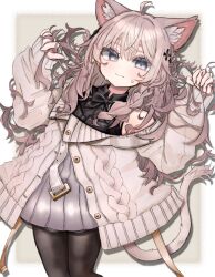 Rule 34 | 1girl, ahoge, animal ear fluff, animal ears, black bow, black pantyhose, black shirt, blue eyes, blush, bow, bowtie, braid, brown hair, cardigan, cat ears, cat girl, cat tail, collared shirt, grey eyes, grey skirt, hasuboniru, highres, holding, long hair, long sleeves, looking at viewer, off shoulder, open cardigan, open clothes, pantyhose, shinano (vrchat), shirt, skirt, sleeveless, sleeveless shirt, sleeves past wrists, smile, solo, sweatdrop, sweater, tail, vrchat, white cardigan