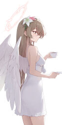 1girl absurdres blue_archive breasts brown_eyes brown_hair closed_mouth coffee commentary_request cup dress flower hair_flower hair_ornament halo highres holding holding_cup long_hair medium_breasts nagisa_(blue_archive) pink_flower simple_background solo standing sukaliya thighs white_background white_dress white_flower white_halo white_wings wings