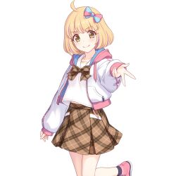 1girl ahoge black_socks blonde_hair bow bowtie brown_bow brown_bowtie chieru_(princess_connect!) chieru_(real)_(princess_connect!) closed_mouth collarbone colored_inner_hair cowboy_shot floating_clothes gyaru_v hair_ornament hair_ribbon hood hoodie miniskirt multicolored_hair multicolored_hoodie official_art pink_shoes princess_connect! ribbon school_uniform shirt shoes short_hair skirt smile socks st._johanna&#039;s_private_girls_institute_school_uniform standing standing_on_one_leg star_(symbol) star_in_eye symbol_in_eye tachi-e transparent_background two-tone_ribbon v white_background white_shirt yellow_eyes