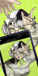 Rule 34 | 1girl, absurdres, bags under eyes, black-framed eyewear, bow, bowtie, camera, cardigan, cellphone, crack, cracked wall, dareka nuitekure (synthesizer v), facial mark, forehead mark, glasses, green background, green bow, green bowtie, green eyes, green pupils, grey cardigan, grey hair, grid background, hair ornament, hat, highres, long sleeves, off-shoulder cardigan, oki yudetamago, phone, reaching, reaching towards another, ribbed cuffs, round eyewear, semi-rimless eyewear, short hair, shoulder strap, smartphone, sparkle, sweatdrop, sweater, through wall, triangle mouth, two-tone hat, two-tone shirt, two side up, zipper