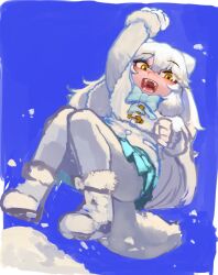 1girl animal_ears arctic_fox_(kemono_friends) blue_bow blue_bowtie blue_skirt blue_sky blush boots bow bowtie capelet coat fangs fox_ears fox_girl fox_tail from_below fur_trim gloves hair_between_eyes handsdsds highres kemono_friends long_hair long_sleeves looking_at_viewer open_mouth pantyhose pleated_skirt sidelocks skirt sky snow solo tail white_boots white_capelet white_coat white_gloves white_hair white_pantyhose winter_clothes winter_coat yellow_eyes