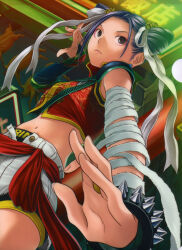 1girl absurdres armor bandaged_arm bandages bell black_hair black_male_underwear bow bracelet briefs brown_eyes chinese_clothes closed_mouth cowboy_shot double_bun dutch_angle ear_piercing eyeliner fighting_stance forehead from_below hair_bell hair_bow hair_bun hair_ornament hand_up highres hood jewelry kobayakawa_rinko light_bulb looking_to_the_side love_plus makeup male_underwear midriff navel night official_alternate_hairstyle official_art open_hand outdoors pauldrons piercing pig red_eyeliner ring scan serious short_hair short_shorts shorts shoulder_armor solo spiked_bracelet spikes underwear v-shaped_eyebrows white_shorts