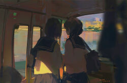 2girls black_hair bus bus_interior from_inside highres motor_vehicle multiple_girls original school_uniform serafuku signature xilmo