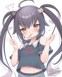 Rule 34 | 1girl, :3, ahoge, aqua shirt, black hair, breasts, cat hair ornament, closed mouth, clothing cutout, colored inner hair, commentary request, crop top, eating, food, food in mouth, hair flaps, hair ornament, holding, holding food, long hair, looking at viewer, midriff, mouth hold, multicolored hair, nanopai kakumeikokonoyu, navel, original, pink hair, pocky, pretz, shirt, short sleeves, shoulder cutout, small breasts, smile, solo, twintails, two-tone hair, upper body, very long hair, white background, yellow eyes