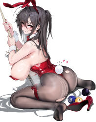 1girl :q animal_ear_hairband animal_ears areola_slip armpit_crease ass azur_lane ball billiard_ball black_hair breasts chela77 cue_stick curvy fake_animal_ears fake_tail full_body hairband highres holding_cue_stick huge_breasts leotard long_hair looking_at_viewer messy_hair one_side_up pantyhose playboy_bunny rabbit_ear_hairband rabbit_ears rabbit_tail red_eyes red_nails sitting solo sweat taihou_(azur_lane) taihou_(fun_on_the_baize)_(azur_lane) tail thigh_strap tongue tongue_out torn_clothes torn_pantyhose unworn_shoe very_long_hair wariza