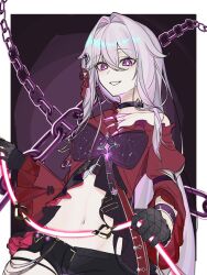 1girl black_choker black_gloves black_shorts bow bright_pupils chain choker commentary_request gloves hair_between_eyes highres holding honkai_(series) honkai_impact_3rd jacket long_hair long_sleeves micro_shorts midriff mika07891 navel purple_bow purple_eyes red_jacket shorts smile solo thelema_nutriscu very_long_hair white_hair white_pupils