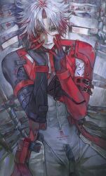 1boy absurdres black_hands bodysuit claws coat colored_extremities earrings gold_earrings grey_bodysuit grey_eyes grey_hair hair_between_eyes hands_on_own_face hands_up heterochromia highres jewelry lips long_sleeves looking_at_viewer male_focus multicolored_hair necklace pocket red_coat red_eyes red_hair scar scar_(wuthering_waves) scar_across_eye scar_on_face short_hair sitting smile solo sword_earrings teeth two-tone_hair wristband wuthering_waves xxxworldhahaha