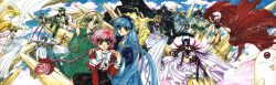 1990s_(style) 5boys 6+girls :3 absurdly_long_hair absurdres alcyone_(rayearth) armor ascot_(rayearth) black_eyes black_hair blonde_hair caldina_(rayearth) cape clamp clef_(rayearth) cloak clothing_cutout dark-skinned_female dark_skin earrings emeraude_(rayearth) ferio_(rayearth) full_body glasses gloves green_eyes hairband happy headgear highleg highleg_leotard highres holding holding_staff holding_weapon hoop_earrings hououji_fuu jewelry lafarga_(rayearth) leotard long_hair looking_at_viewer magic_knight_rayearth mokona multiple_boys multiple_girls navel_cutout official_art pleated_skirt presea_(rayearth) red_eyes red_hair red_hairband retro_artstyle revealing_clothes ryuuzaki_umi scan serious shidou_hikaru shiny_clothes shiny_skin short_hair shoulder_pads sitting skirt smile staff sword very_long_hair weapon zagato zagato_(rayearth)