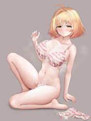 1boy 1girl absurdres blonde_hair blush bra breasts bukkake commentary_request cum cum_on_body cum_on_breasts cum_on_clothes cum_on_hair cum_on_upper_body facial haru_estia hetero highres holding holding_bra holding_underwear holding_unworn_clothes incredibly_absurdres karurega korean_commentary large_breasts nipples panties soulworker standing striped_bra striped_clothes striped_panties underwear