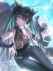 1girl absurdres aqua_hair bare_shoulders black_hair blush bodysuit breasts bubble cleavage covered_navel elbow_gloves fingerless_gloves gloves goddess_of_victory:_nikke halterneck headgear hexagon_print highres honeycomb_(pattern) honeycomb_print large_breasts little_mermaid_(nikke) long_hair looking_at_viewer multicolored_hair see-through_cleavage see-through_clothes smile solo two-tone_hair very_long_hair yellow_eyes zhu_yin_(mannermana)