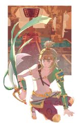 1boy absurdres blue_eyes detached_sleeves elf gauntlets gensou_getsumen_rt highres link long_hair male_focus navel nintendo pointy_ears shorts single_bare_shoulder solo squatting the_legend_of_zelda the_legend_of_zelda:_breath_of_the_wild