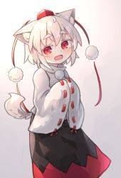 1girl :d animal_ear_fluff animal_ears black_skirt blush commentary_request feet_out_of_frame hands_in_opposite_sleeves hat highres inubashiri_momiji kibisake long_sleeves looking_at_viewer open_mouth pom_pom_(clothes) red_eyes red_hat red_skirt ribbon-trimmed_sleeves ribbon_trim shirt skirt smile solo standing tail thick_eyebrows tokin_hat touhou turtleneck turtleneck_shirt two-tone_skirt white_background white_shirt wide_sleeves wolf_ears wolf_girl wolf_tail
