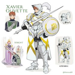1girl 2boys armor artist_name breastplate brown_hair character_name commentary_request cosplay crown english_text full_armor gauntlets green_eyes gundam gundam_gquuuuuux gyan_(gquuuuuux) gyan_(gquuuuuux)_(cosplay) helm helmet highres holding holding_polearm holding_sword holding_weapon horocca knight knighting kycilia_zabi lance m&#039;quve mole mole_under_mouth multiple_boys multiple_views plate_armor plume polearm shield simple_background sword translation_request twitter_username weapon white_background xavier_olivette