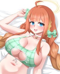 1girl :d absurdres ahoge bed_sheet bell bikini blue_archive blue_eyes bow braid breasts choker cleavage cleavage_cutout clothing_cutout commentary_request frilled_straps green_bikini hair_bow halo highres large_breasts long_hair multicolored_hair neck_bell no_eyewear open_mouth orange_hair plaid_bikini plaid_clothes shimiko_(blue_archive) smile solo swimsuit tashori twin_braids twintails undersized_clothes very_long_hair white_choker yellow_halo
