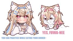 2girls animal_ear_fluff animal_ears black_collar blonde_hair blue_hair blue_hairband blush_stickers breasts cleavage collar commentary dog_ears dog_girl dress english_commentary english_text fuwawa_abyssgard fuwawa_abyssgard_(1st_costume) hairband headphones headphones_around_neck highres hololive hololive_english kukie-nyan large_breasts long_hair meme_request mococo_abyssgard mococo_abyssgard_(1st_costume) multicolored_hair multiple_girls pink_eyes pink_hair pink_hairband short_hair siblings simple_background sisters spiked_hair streaked_hair twins two-tone_hair two_side_up upper_body virtual_youtuber white_background white_dress