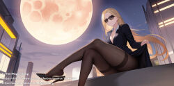 1girl black_pantyhose blazer blonde_hair breasts cityscape cleavage high_heels highres jacket large_breasts long_hair long_legs looking_at_viewer magic_xiang moon night night_sky original pantyhose shoe_dangle sitting sky smile solo sunglasses thighband_pantyhose thighs