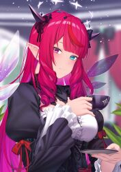 1girl :3 black_shrug blue_eyes blunt_bangs blurry blurry_background braid center_frills closed_mouth collared_shrug commentary crystal_wings cup drill_hair drill_sidelocks frilled_shirt frilled_sleeves frills halo hand_up highres holding holding_cup holding_plate hololive hololive_english horns indoors irys_(hololive) irys_(maid)_(hololive) juliet_sleeves layered_sleeves long_hair long_sleeves looking_at_viewer mini_wings multicolored_hair official_alternate_costume official_alternate_hairstyle plate puffy_sleeves purple_eyes purple_hair purple_wings resu_desu shirt shrug_(clothing) sidelocks solo star-shaped_pupils star_(symbol) star_halo streaked_hair symbol-only_commentary symbol-shaped_pupils twin_braids underbust upper_body virtual_youtuber white_shirt white_wings wings