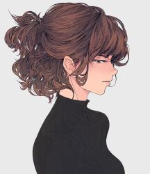 1girl black_sweater breasts brown_hair crying elliemaplefox eyelashes from_side half-closed_eyes highres looking_to_the_side medium_hair original parted_lips ponytail portrait profile short_ponytail simple_background solo streaming_tears sweater tears white_background