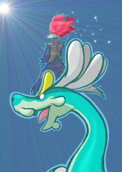 absurdres alternate_color animal_ear_fluff animal_ears aqua_skin body_fur colored_skin creatures_(company) delphox dragon drampa dress fox_ears fox_tail furry furry_female game_freak gardear058 gen_6_pokemon gen_7_pokemon grey_fur highres long_neck nintendo no_humans open_mouth pink_eyes pokemon pokemon_(creature) pokemon_focus purple_fur red_fur shiny_pokemon tail thick_eyebrows v-shaped_eyebrows white_fur white_hair