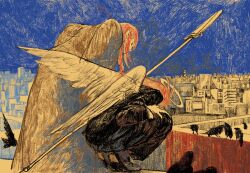 angel_devil_(chainsaw_man) angel_wings bird black_dress black_pants blue_sky braid chainsaw_man city cityscape comacheese crow dress from_behind halo hand_on_own_knee highres leaning_forward long_hair looking_down makima_(chainsaw_man) medium_hair pants polearm red_hair rooftop sketch sky spear weapon wings