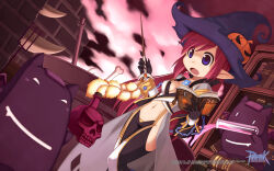 black_gloves black_pants bone book bookshelf breasts cauldron chain coat copyright_notice creature crop_top derivative_work deviruchi front_slit gloves grey_coat hat highres holding holding_book holding_wand jack-o&#039;-lantern_hat_ornament long_hair medium_breasts navel official_art official_wallpaper open_book open_clothes open_coat open_mouth pants pink_hair pointy_ears purple_eyes purple_hat ragnarok_online screenshot_redraw shirt smoke suspenders thighhighs vial wand warlock_(ragnarok_online) white_shirt white_thighhighs witch_hat yuichirou