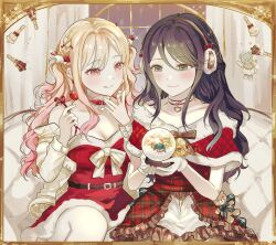 Rule 34 | 0202ase, 2girls, :q, absurdres, belt, black hair, blonde hair, blush, bow, braid, breasts, capelet, choker, christmas, cleavage, couch, dress, earmuffs, food, frilled dress, frills, fruit, fur-trimmed dress, fur trim, gloves, gradient hair, green eyes, hair ornament, highres, holding, hoshino ichika (project sekai), long hair, multicolored hair, multiple girls, pink eyes, pink hair, project sekai, red choker, red dress, santa costume, santa dress, sitting, smile, strawberry, tenma saki, tongue, tongue out, wavy hair, white gloves