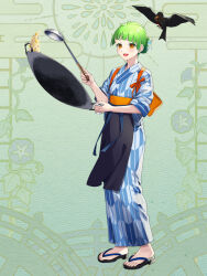 1girl :d apron bird black_apron blue_kimono brown_eyes crow dairoku_ryouhei food fried_rice full_body green_background green_hair hikita_kikuzuki holding holding_spoon japanese_clothes kimono open_mouth sandals short_hair short_sleeves smile sosakana_(tw) spoon standing tasuki wok yagasuri