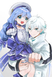 1boy 1girl ao_(greburi) beret blue_dress blue_eyes blue_hair braid dress gloves hair_behind_ear hat highres jacket lifting_person long_hair nijisanji reignite sitting_on_arm smile tempplex twin_braids v-shaped_eyebrows very_long_hair virtual_youtuber white_gloves white_hair white_headwear white_jacket yuuki_chihiro yuuki_chihiro_(1st_costume)
