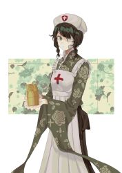 1984_(cw1000110) 1girl absurdres apron bandage_over_one_eye bandages black_hair box braid collared_dress cross dress eyepatch feet_out_of_frame floral_background furisode_sleeves green_eyes hat highres holding holding_box kobushi_abiru looking_at_viewer nurse nurse_cap red_cross sayonara_zetsubou_sensei solo twin_braids white_apron white_background