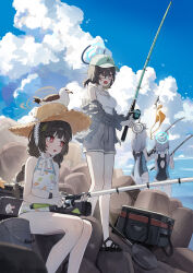 4girls absurdres animal animal_ears animal_on_head bikini bird black_hair black_halo black_one-piece_swimsuit blue_archive blue_halo blue_sky breasts brown_hat cloud day fishing_rod glasses green_hat grey_hair halo hat highres holding holding_fishing_rod kokukyukeo long_hair medium_breasts miyu_(blue_archive) miyu_(swimsuit)_(blue_archive) multiple_girls ocean official_alternate_costume on_head one-piece_swimsuit outdoors shiroko_(blue_archive) shiroko_(swimsuit)_(blue_archive) shiroko_terror_(blue_archive) short_hair sitting sky standing straw_hat swimsuit white_bikini