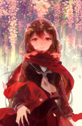 1girl black_dress brown_hair ciloranko dress flower highres kagerou_project leaf long_hair red_eyes red_scarf scarf tateyama_ayano