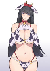 1girl animal_ears animal_print arms_up bell bikini black_hair blunt_bangs bow breasts commentary cow_ears cow_print cow_print_bikini cow_print_sleeves dead_or_alive detached_sleeves eyeshadow fake_animal_ears grey_eyes highres hime_cut konishiki_(52siki) large_breasts long_hair makeup mole mole_under_mouth navel neck_bell nyotengu o-ring o-ring_bikini own_hands_together print_bikini purple_eyeshadow red_bow smile solo standing swimsuit symbol-only_commentary very_long_hair white_background