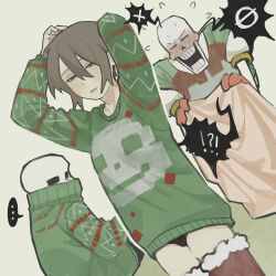 !? ... 1other 2boys arms_up black_panties blanket blush brothers brown_hair christmas_sweater closed_eyes flying_sweatdrops frisk_(undertale) gloves green_sweater hair_between_eyes hand_on_own_head highres holding holding_blanket minominoks multiple_boys panties papyrus_(undertale) red_gloves red_thighhighs sans_(undertale) short_hair siblings simple_background skeleton spoken_ellipsis spoken_interrobang sweat sweater thighhighs undertale underwear yellow_eyes