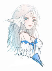 1girl au_ra backward-facing_horns blue_bow blue_eyes bow braid dress final_fantasy final_fantasy_xiv from_behind grey_hair highres horns liz_gray long_hair looking_at_viewer monster_girl parted_lips scales side_braid simple_background sketch smile solo warrior_of_light_(ff14) white_background white_dress
