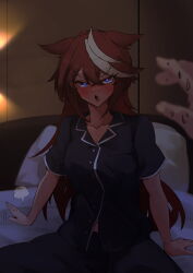 1boy 1girl :o animal_ears bed_invitation black_pants black_shirt blue_eyes blush breasts brown_hair cleavage heart heart-shaped_pupils highres horse_ears horse_girl long_hair medium_breasts multicolored_hair nottoai_(user_emeu8775) on_bed pajamas pants pov pov_hands shirt solo_focus streaked_hair sweat symbol-shaped_pupils tokai_teio_(umamusume) trainer_(umamusume) two-tone_hair umamusume v-shaped_eyebrows white_hair