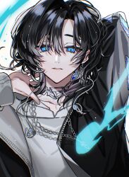 Rule 34 | 1other, arm behind head, black hair, black jacket, blue eyes, chain, chain necklace, earrings, highres, hood, hoodie, indie utaite, jacket, jewelry, jyuka en, long sleeves, looking at viewer, medium hair, necklace, parted bangs, solo, unnamed (utaite), utaite, white background, white hoodie