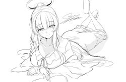 1girl blue_archive frilled_pajamas frills greyscale halo highres lineart lying mechanical_halo monochrome nightgown noa_(blue_archive) noa_(pajamas)_(blue_archive) official_alternate_costume ogura_toast on_stomach pajamas sleepwear solo white_background white_halo