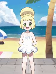 1girl :d aged_down arms_behind_back beach_towel blonde_hair chiwino cloud collarbone commentary_request day dress gen_7_pokemon green_eyes hair_bun happy highres knees large_variant_set lillie_(pokemon) looking_at_viewer nintendo open_mouth outdoors palm_tree pokemon pokemon_(anime) pokemon_(creature) pokemon_sm_(anime) pyukumuku sand shore short_dress short_hair sky sleeveless sleeveless_dress smile standing towel tree variant_set water white_dress
