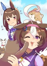 2girls absurdres admire_vega_(umamusume) ahoge animal_ears blue_ribbon bow bowtie brown_eyes brown_hair cat collar commentary ear_covers ear_ornament ear_ribbon ears_down goat hair_between_eyes hairband highres horse_ears horse_girl huge_ahoge katwo long_hair meisho_doto_(umamusume) meto_(cat) multicolored_hair multiple_girls one_eye_closed pink_hairband purple_eyes purple_sailor_collar red_collar ribbon sailor_collar sailor_shirt school_uniform shirt short_hair single_ear_cover sound_effects tanuki tracen_school_uniform two-tone_hair umamusume wavy_mouth white_bow white_bowtie white_hair winter_uniform