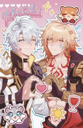 2boys abs antenna_hair armor black_choker black_coat black_shirt blonde_hair blue_eyes braid chest_tattoo choker clawed_gauntlets coat commentary earrings facial_tattoo gold_earrings gold_necklace gradient_hair hair_between_eyes heart heart_hands heart_sticker highres honkai:_star_rail honkai_(series) jewelry lin_(chuuchuyi) male_focus medium_hair multicolored_hair multiple_boys mydei_(honkai:_star_rail) necklace one_eye_closed open_clothes open_coat pauldrons phainon_(honkai:_star_rail) red_hair red_tattoo shirt short_hair shoulder_armor side_braid single_pauldron sticker sticker_on_face tattoo toned toned_male white_coat white_hair yaoi yellow_eyes