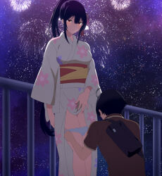 Rule 34 | 1boy, absurdres, anime screenshot, bare legs, black hair, breasts, closed mouth, clothes lift, feet out of frame, fireworks, floral print, floral print kimono, flower, hair flower, hair ornament, hair ribbon, haite kudasai takamine-san, high ponytail, highres, japanese clothes, kimono, kimono lift, large breasts, lifting own clothes, long hair, long sleeves, looking at another, outdoors, panties, panty pull, ponytail, print kimono, pulling another&#039;s clothes, purple hair, red eyes, red ribbon, ribbon, shirota takashi, sidelocks, sky, standing, star (sky), starry sky, stitched, takamine takane, thighs, third-party edit, underwear, very long hair, white kimono, white panties, yukata