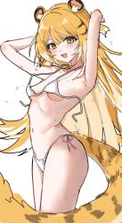 1girl absurdres alternate_costume animal_ear_fluff animal_ears bikini colored_inner_hair green_eyes highres ju_fufu multicolored_fur multicolored_hair saple solo striped_fur striped_hair swimsuit tail tiger_ears tiger_girl tiger_tail white_bikini zenless_zone_zero