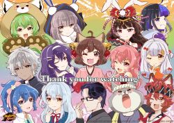 4boys 6+girls :d a-37_(mahjong_soul) ahoge animal_ears bell black-framed_eyewear black_hair blonde_hair blue_eyes blue_hair blunt_bangs blush bob_cut bow brown_hair cat_ears cat_girl closed_mouth commentary dark-skinned_male dark_skin dog_boy ears_through_hood ein_(mahjong_soul) english_commentary expressionless facepaint fangs fox_boy fox_ears frown fu_ji fujita_kana furry furry_male glasses green_eyes green_hair grey_hair hair_bell hair_between_eyes hair_bow hair_intakes hair_ornament hair_ribbon hairband hairclip headpiece himekawa_hibiki ichihime index_finger_raised japanese_clothes jingle_bell kaavi kaguyahime_(mahjong_soul) kimono kurokawa_ayumi long_hair looking_at_viewer mahjong_soul multicolored_hair multiple_boys multiple_girls nanami_reina neck_ribbon nikaidou_miki official_art one_eye_closed open_mouth pink_bow pink_eyes pink_hair pink_kimono purple_hair rabbit_ears rabbit_girl rectangular_eyewear red_eyes red_panda_costume red_ribbon ribbon saitou_osamu short_hair smile streaked_hair tan upper_body v wanjirou white_hair white_hairband yagi_yui yellow_eyes yuzu_(mahjong_soul)