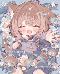1girl :d ahoge animal_ears blue_background blue_eyes blue_flower blue_hoodie blush brown_hair chibi chibi_inset closed_eyes commentary commission dog_ears dog_girl dog_tail facing_viewer fang flower hasuki_rui heterochromia highres holding holding_flower hood hood_down hoodie indie_virtual_youtuber kamizakana_iriko open_mouth outline outstretched_arm red_eyes red_flower short_hair skeb_commission skin_fang smile tail twitter_username white_flower white_outline