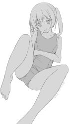 1girl bare_shoulders barefoot collarbone dot_nose double-parted_bangs foot_out_of_frame head_tilt monochrome old_school_swimsuit one-piece_swimsuit open_mouth original school_swimsuit shibacha sidelocks simple_background sitting solo spread_legs swimsuit thighs twintails twitter_username white_background