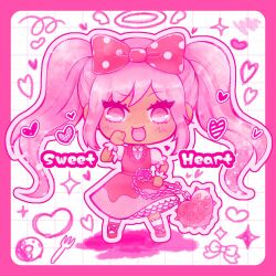 Rule 34 | 1girl, 9xya10, :d, border, bow, chain, character name, collared shirt, commentary, dark-skinned female, dark skin, donut, dress, food, fork, frilled sleeves, frilled socks, frills, full body, hair bow, halo, heart, highres, holding flail, kneehighs, legs apart, long hair, medium dress, omori, open mouth, outline, outside border, petticoat, pink border, pink bow, pink dress, pink eyes, pink hair, pink shoes, pink theme, polka dot, polka dot bow, puffy short sleeves, puffy sleeves, raised eyebrow, shirt, shoes, short sleeves, simple background, sleeveless, sleeveless dress, smile, socks, solo, sparkle, standing, straight-on, sweetheart (omori), symbol-only commentary, tongue, twintails, very long hair, white background, white halo, white outline, white shirt, white socks, white wrist cuffs, wrist cuffs
