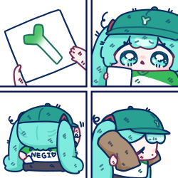 1girl 4koma aqua_eyes aqua_hair baseball_cap carrying chibi chibi_only comic hat hatsune_miku highres meme photo_(object) vocaloid yananang